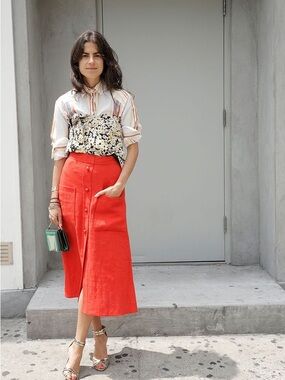 Isa Arfen Tomato Red Linen Button-Front A-Line Midi Skirt